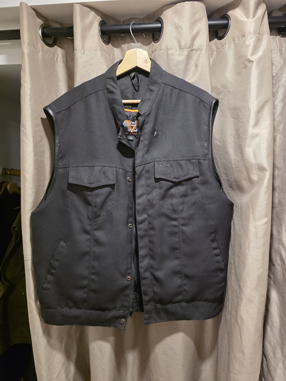 Black Cordura Quilted Motorcycle Vest with Snap Front